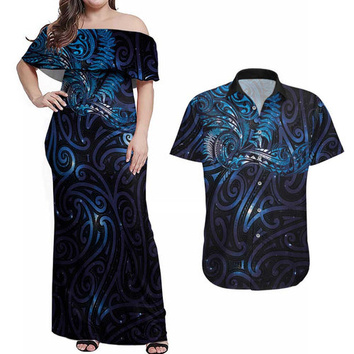 New Zealand New Year-Matariki Couples Matching Off Shoulder Maxi Dress and Hawaiian Shirt Aotearoa Maori Tattoo Galaxy Sky