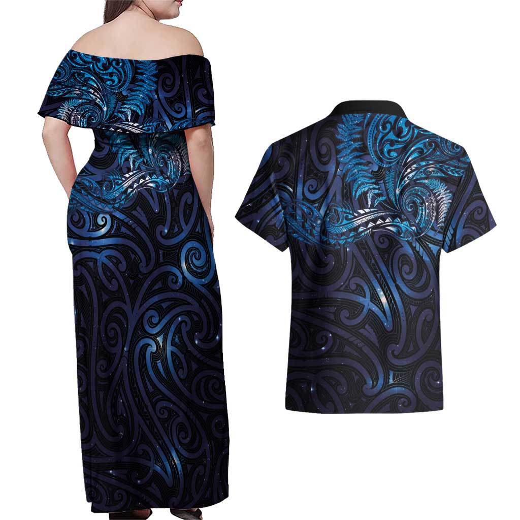 New Zealand New Year-Matariki Couples Matching Off Shoulder Maxi Dress and Hawaiian Shirt Aotearoa Maori Tattoo Galaxy Sky