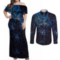 New Zealand New Year-Matariki Couples Matching Off Shoulder Maxi Dress and Long Sleeve Button Shirt Aotearoa Maori Tattoo Galaxy Sky