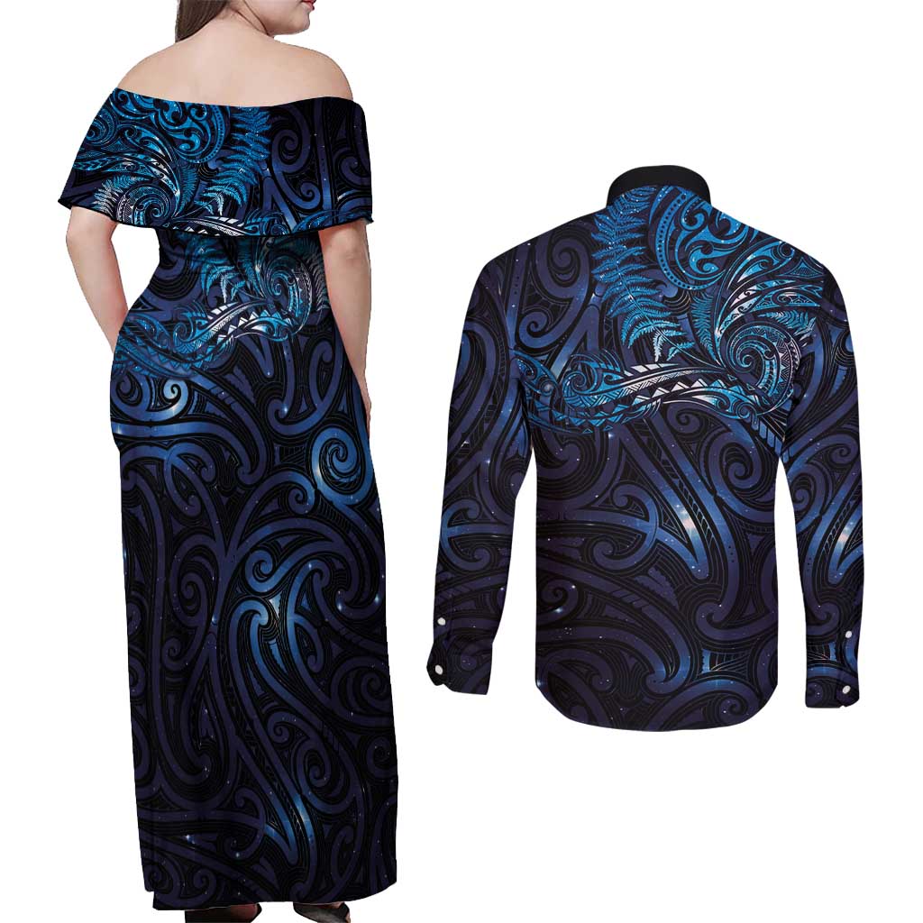 New Zealand New Year-Matariki Couples Matching Off Shoulder Maxi Dress and Long Sleeve Button Shirt Aotearoa Maori Tattoo Galaxy Sky