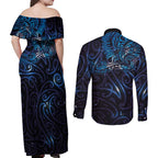 New Zealand New Year-Matariki Couples Matching Off Shoulder Maxi Dress and Long Sleeve Button Shirt Aotearoa Maori Tattoo Galaxy Sky