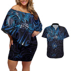 New Zealand New Year-Matariki Couples Matching Off Shoulder Short Dress and Hawaiian Shirt Aotearoa Maori Tattoo Galaxy Sky