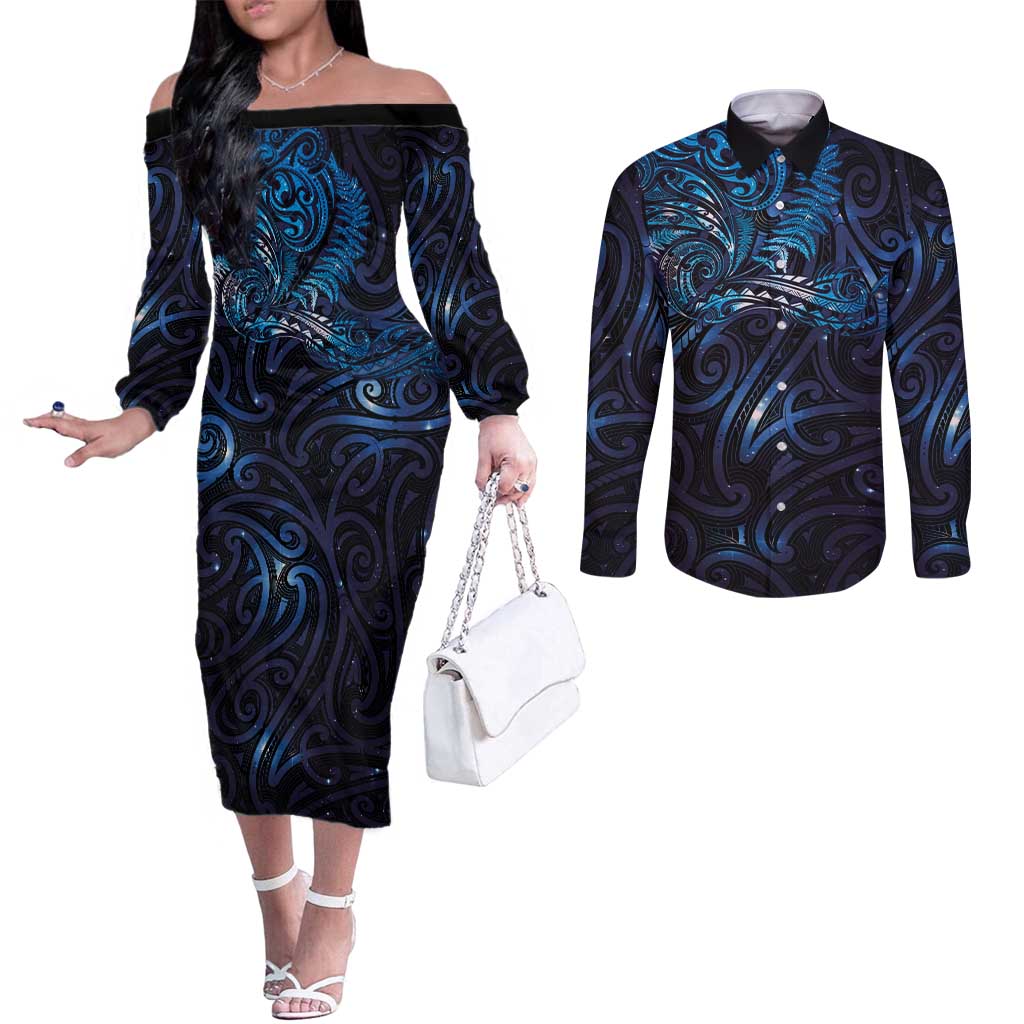 New Zealand New Year-Matariki Couples Matching Off The Shoulder Long Sleeve Dress and Long Sleeve Button Shirt Aotearoa Maori Tattoo Galaxy Sky