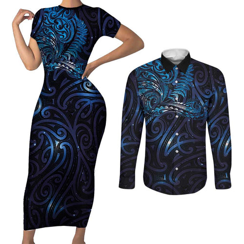 New Zealand New Year-Matariki Couples Matching Short Sleeve Bodycon Dress and Long Sleeve Button Shirt Aotearoa Maori Tattoo Galaxy Sky