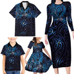 New Zealand New Year-Matariki Family Matching Long Sleeve Bodycon Dress and Hawaiian Shirt Aotearoa Maori Tattoo Galaxy Sky