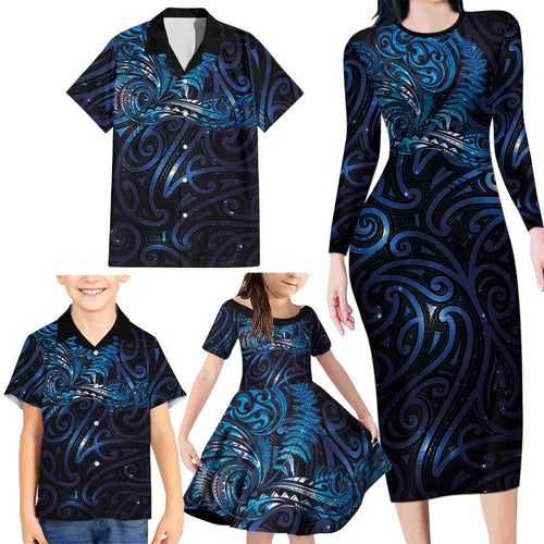 New Zealand New Year-Matariki Family Matching Long Sleeve Bodycon Dress and Hawaiian Shirt Aotearoa Maori Tattoo Galaxy Sky