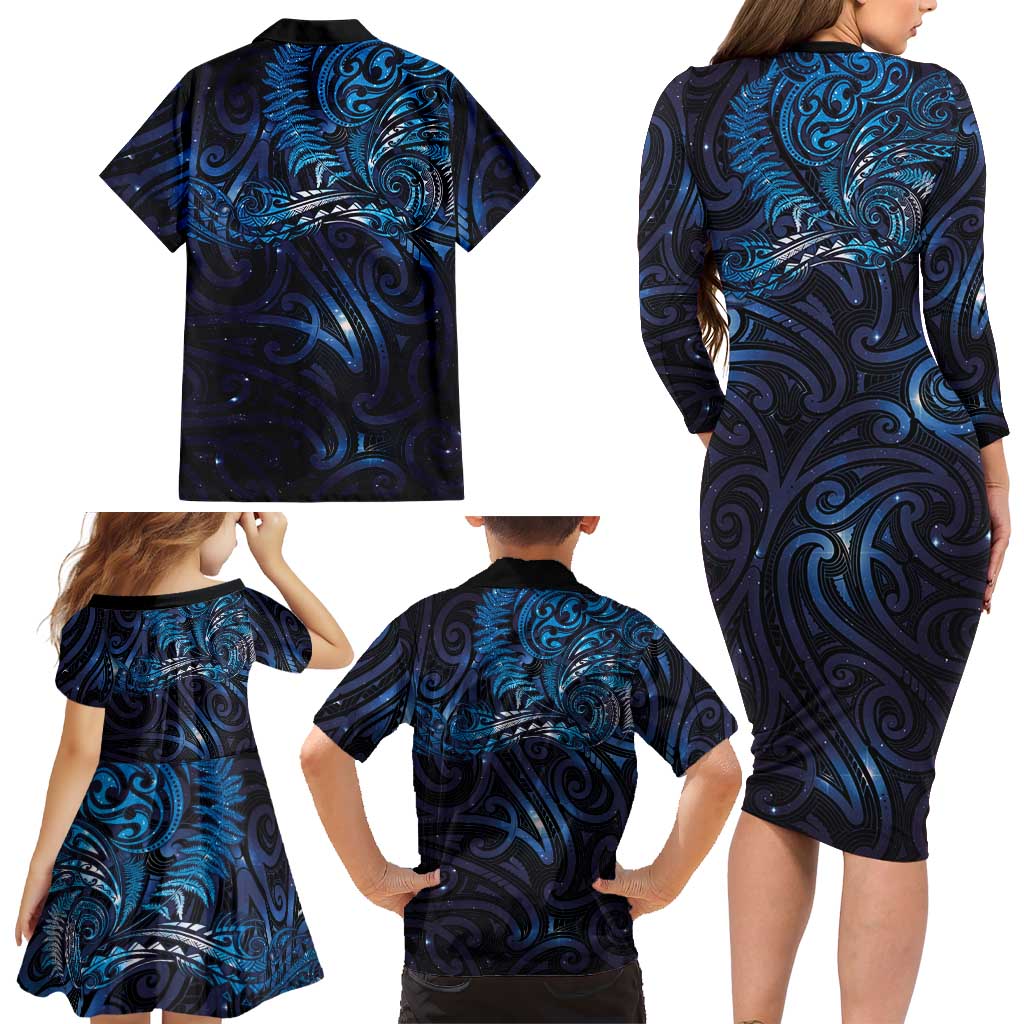 New Zealand New Year-Matariki Family Matching Long Sleeve Bodycon Dress and Hawaiian Shirt Aotearoa Maori Tattoo Galaxy Sky