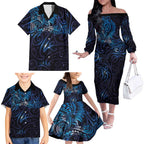 New Zealand New Year-Matariki Family Matching Off The Shoulder Long Sleeve Dress and Hawaiian Shirt Aotearoa Maori Tattoo Galaxy Sky