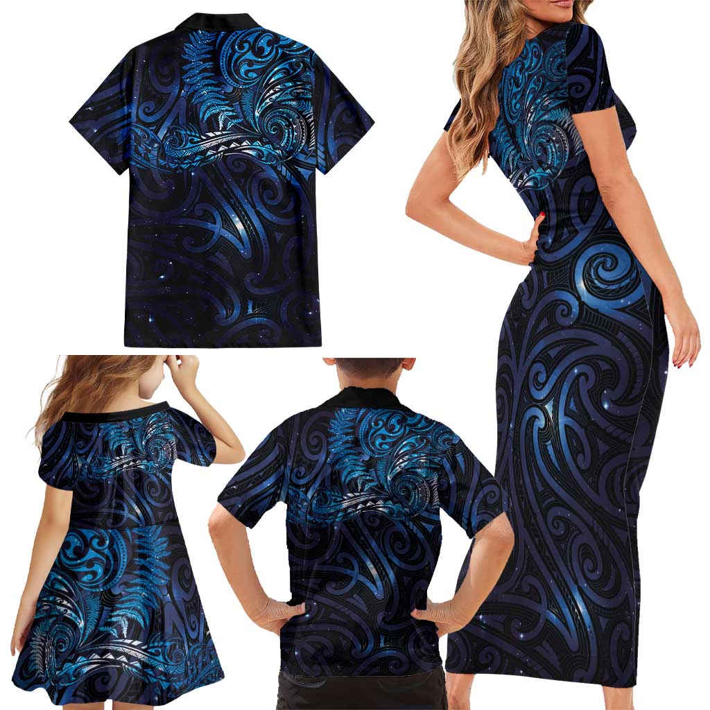 New Zealand New Year-Matariki Family Matching Short Sleeve Bodycon Dress and Hawaiian Shirt Aotearoa Maori Tattoo Galaxy Sky