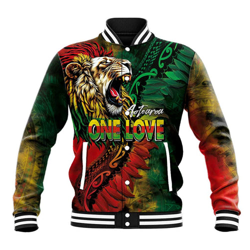 Aotearoa One Love Baseball Jacket Reggae Lion with Kakahu Huruhuru