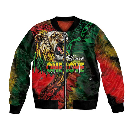 Aotearoa One Love Bomber Jacket Reggae Lion with Kakahu Huruhuru