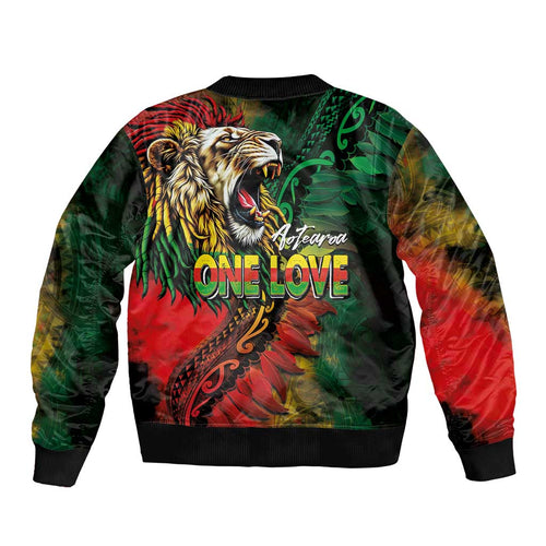 Aotearoa One Love Bomber Jacket Reggae Lion with Kakahu Huruhuru