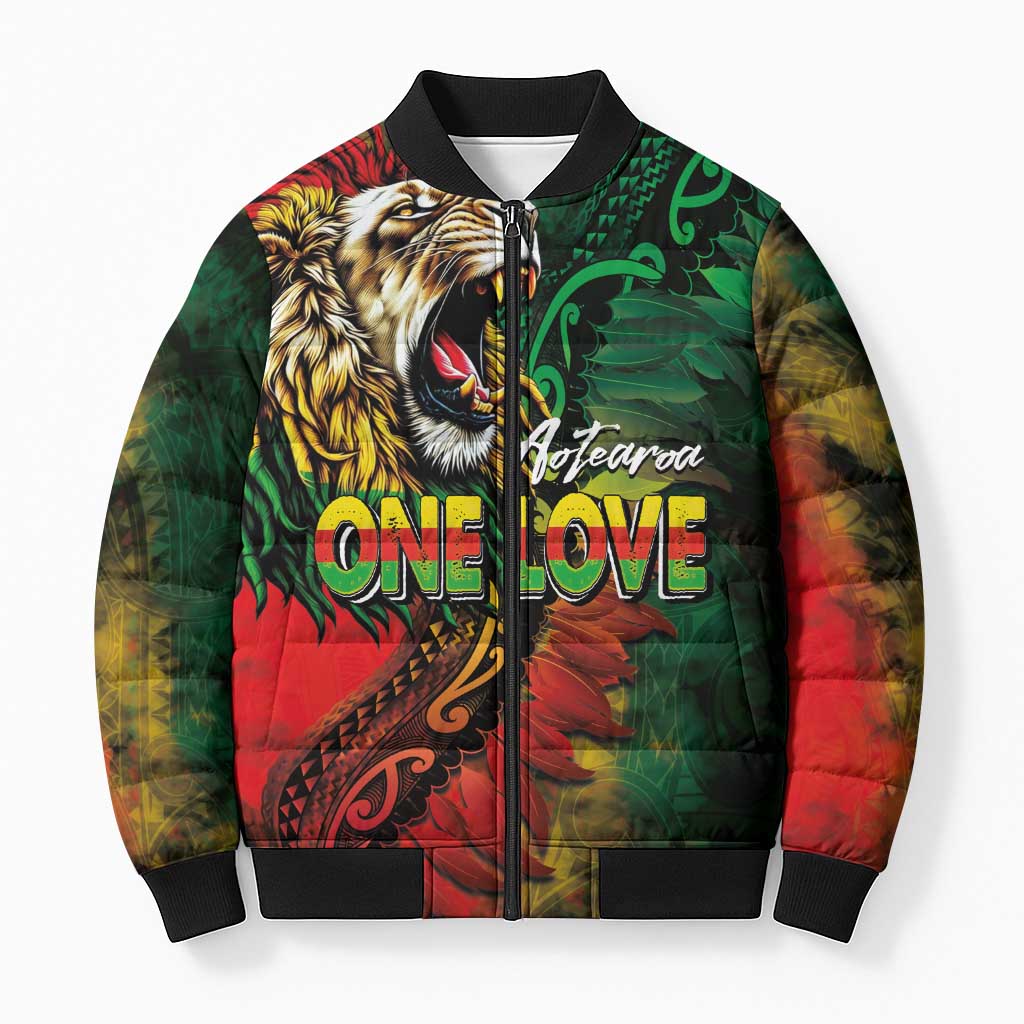 Aotearoa One Love Bomber Puffer Jacket Reggae Lion with Kakahu Huruhuru