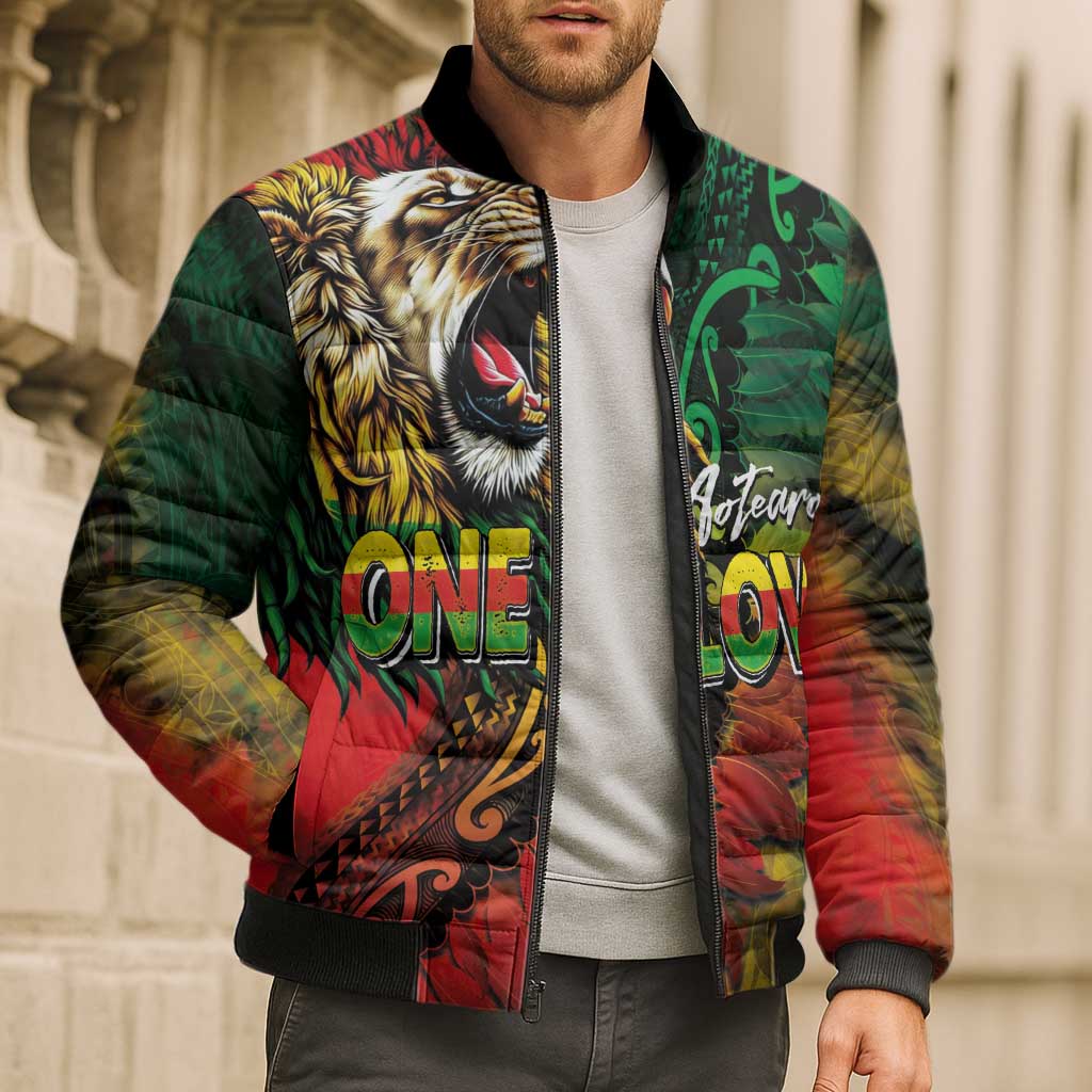 Aotearoa One Love Bomber Puffer Jacket Reggae Lion with Kakahu Huruhuru