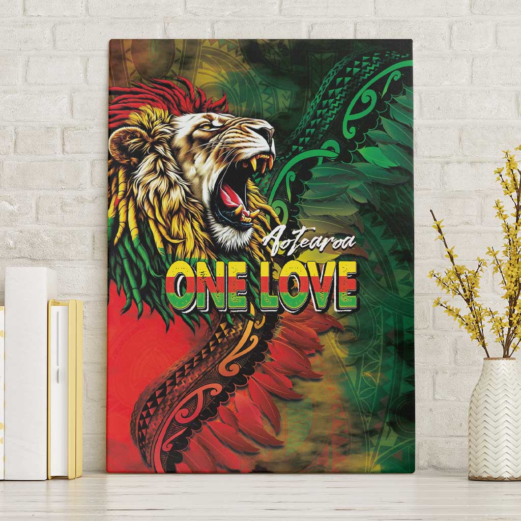 Aotearoa One Love Canvas Wall Art Reggae Lion with Kakahu Huruhuru
