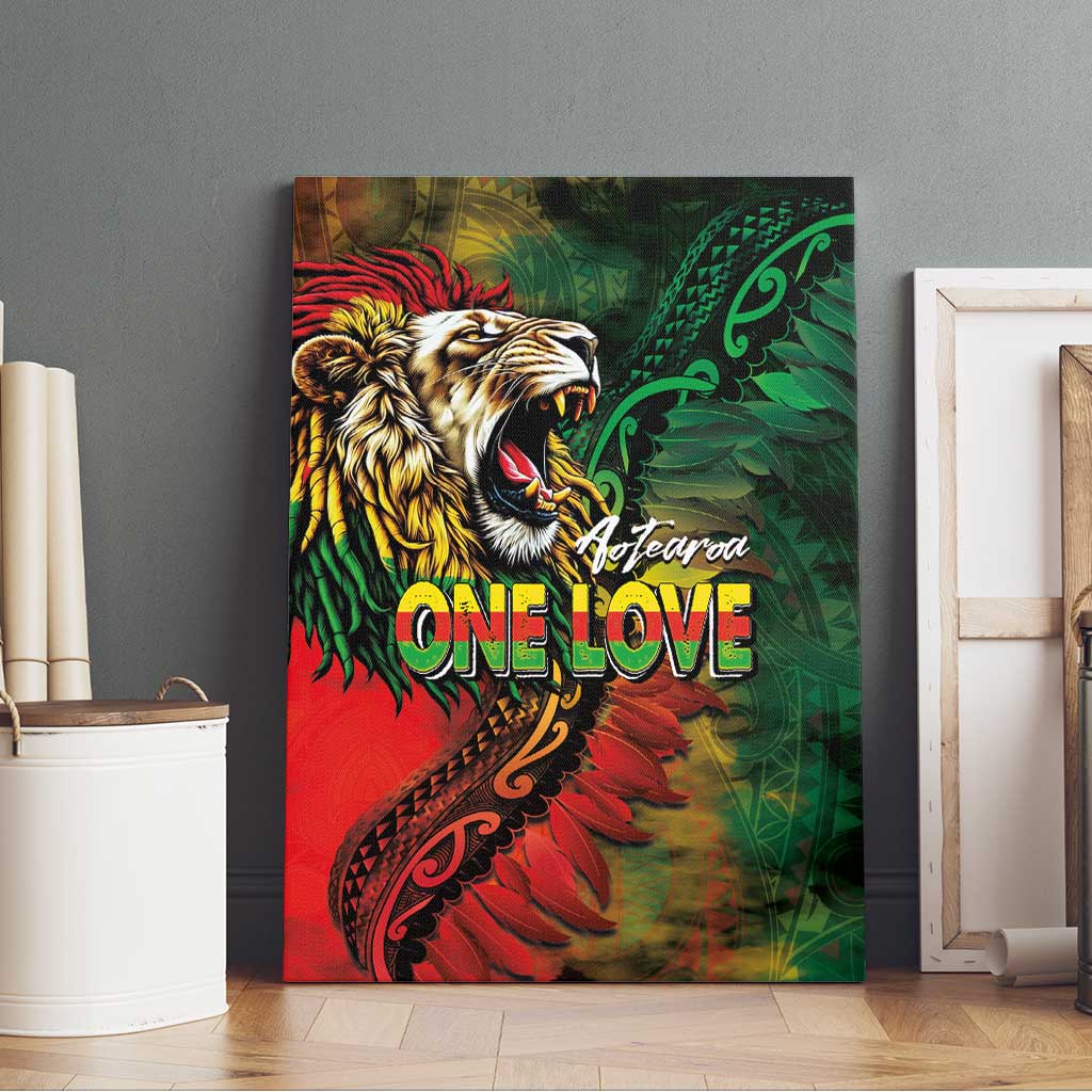 Aotearoa One Love Canvas Wall Art Reggae Lion with Kakahu Huruhuru