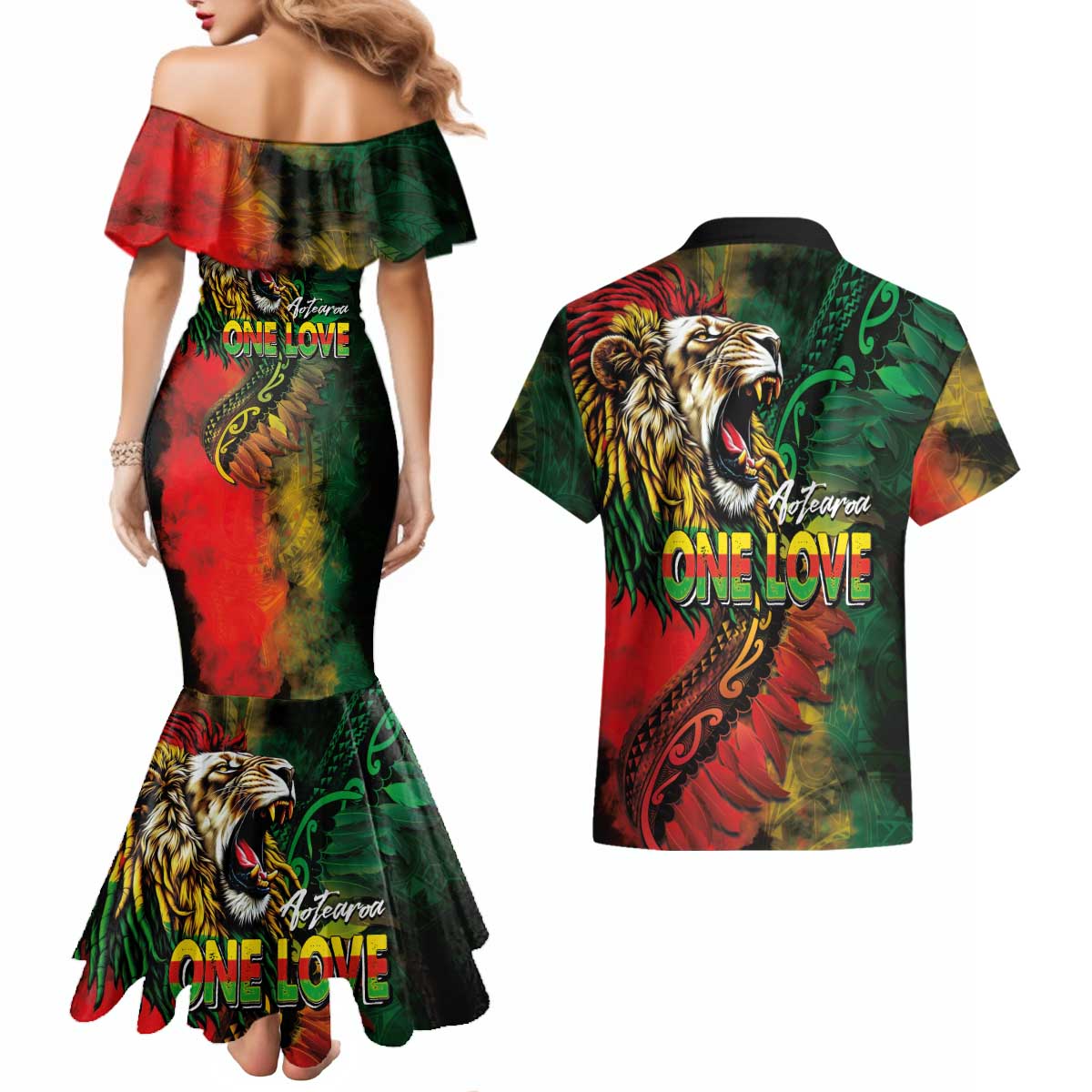 Aotearoa One Love Couples Matching Mermaid Dress and Hawaiian Shirt Reggae Lion with Kakahu Huruhuru