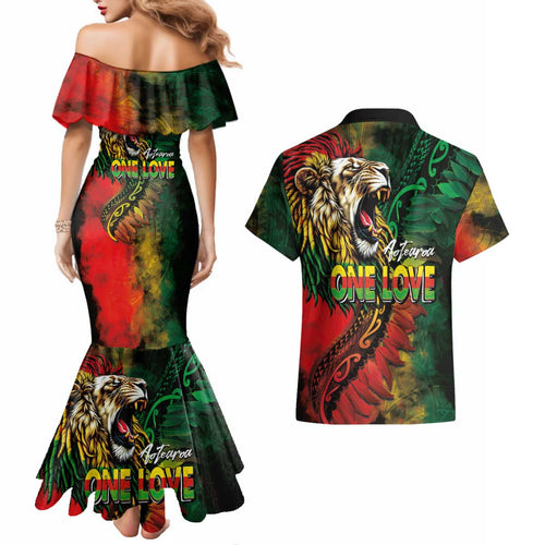 Aotearoa One Love Couples Matching Mermaid Dress and Hawaiian Shirt Reggae Lion with Kakahu Huruhuru