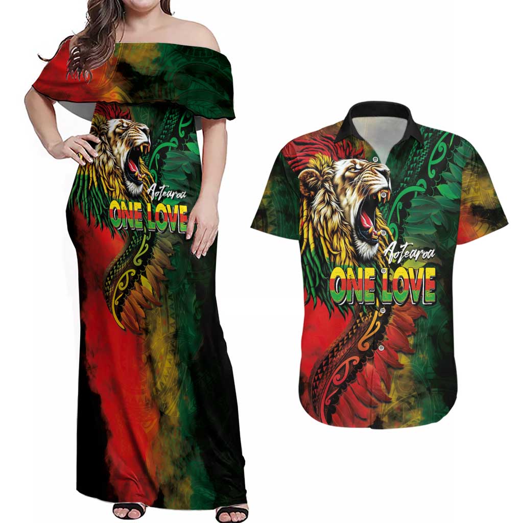 Aotearoa One Love Couples Matching Off Shoulder Maxi Dress and Hawaiian Shirt Reggae Lion with Kakahu Huruhuru
