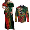 Aotearoa One Love Couples Matching Off Shoulder Maxi Dress and Long Sleeve Button Shirt Reggae Lion with Kakahu Huruhuru