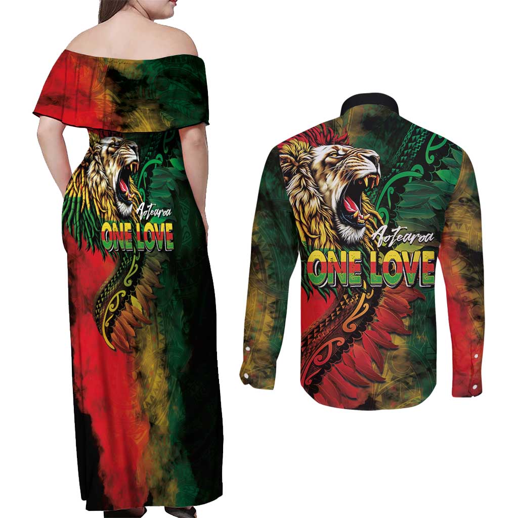 Aotearoa One Love Couples Matching Off Shoulder Maxi Dress and Long Sleeve Button Shirt Reggae Lion with Kakahu Huruhuru