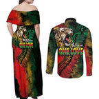 Aotearoa One Love Couples Matching Off Shoulder Maxi Dress and Long Sleeve Button Shirt Reggae Lion with Kakahu Huruhuru