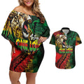 Aotearoa One Love Couples Matching Off Shoulder Short Dress and Hawaiian Shirt Reggae Lion with Kakahu Huruhuru