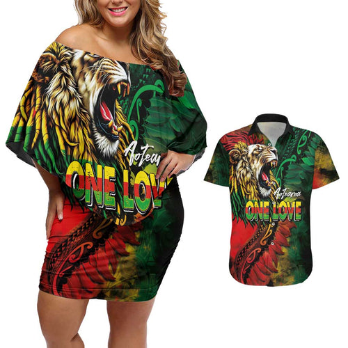 Aotearoa One Love Couples Matching Off Shoulder Short Dress and Hawaiian Shirt Reggae Lion with Kakahu Huruhuru