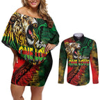Aotearoa One Love Couples Matching Off Shoulder Short Dress and Long Sleeve Button Shirt Reggae Lion with Kakahu Huruhuru