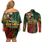 Aotearoa One Love Couples Matching Off Shoulder Short Dress and Long Sleeve Button Shirt Reggae Lion with Kakahu Huruhuru