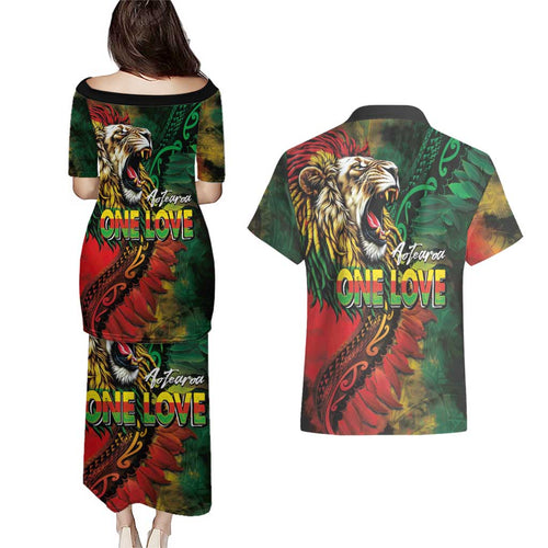 Aotearoa One Love Couples Matching Puletasi and Hawaiian Shirt Reggae Lion with Kakahu Huruhuru