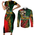 Aotearoa One Love Couples Matching Short Sleeve Bodycon Dress and Long Sleeve Button Shirt Reggae Lion with Kakahu Huruhuru