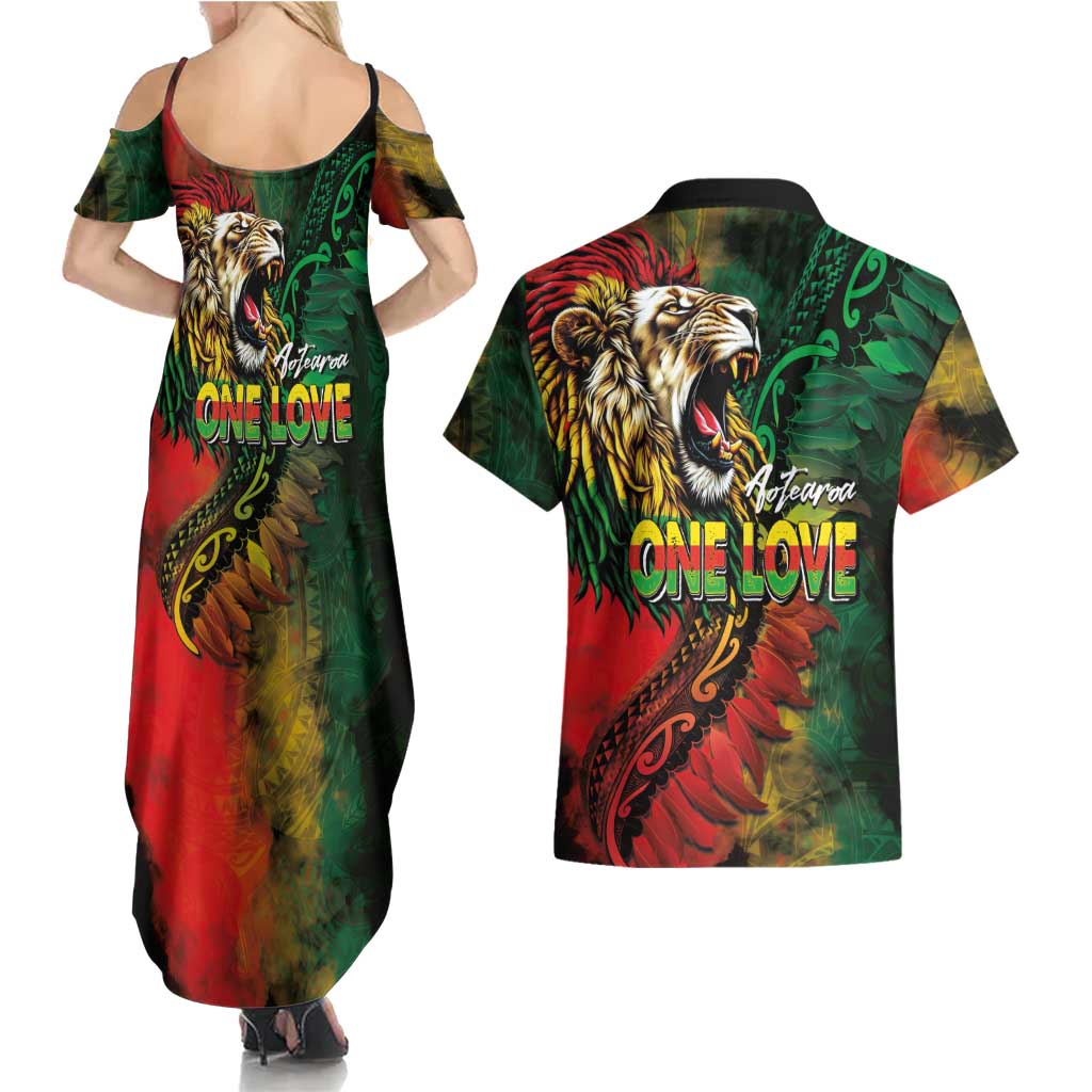 Aotearoa One Love Couples Matching Summer Maxi Dress and Hawaiian Shirt Reggae Lion with Kakahu Huruhuru