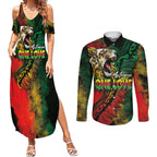 Aotearoa One Love Couples Matching Summer Maxi Dress and Long Sleeve Button Shirt Reggae Lion with Kakahu Huruhuru