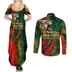 Aotearoa One Love Couples Matching Summer Maxi Dress and Long Sleeve Button Shirt Reggae Lion with Kakahu Huruhuru