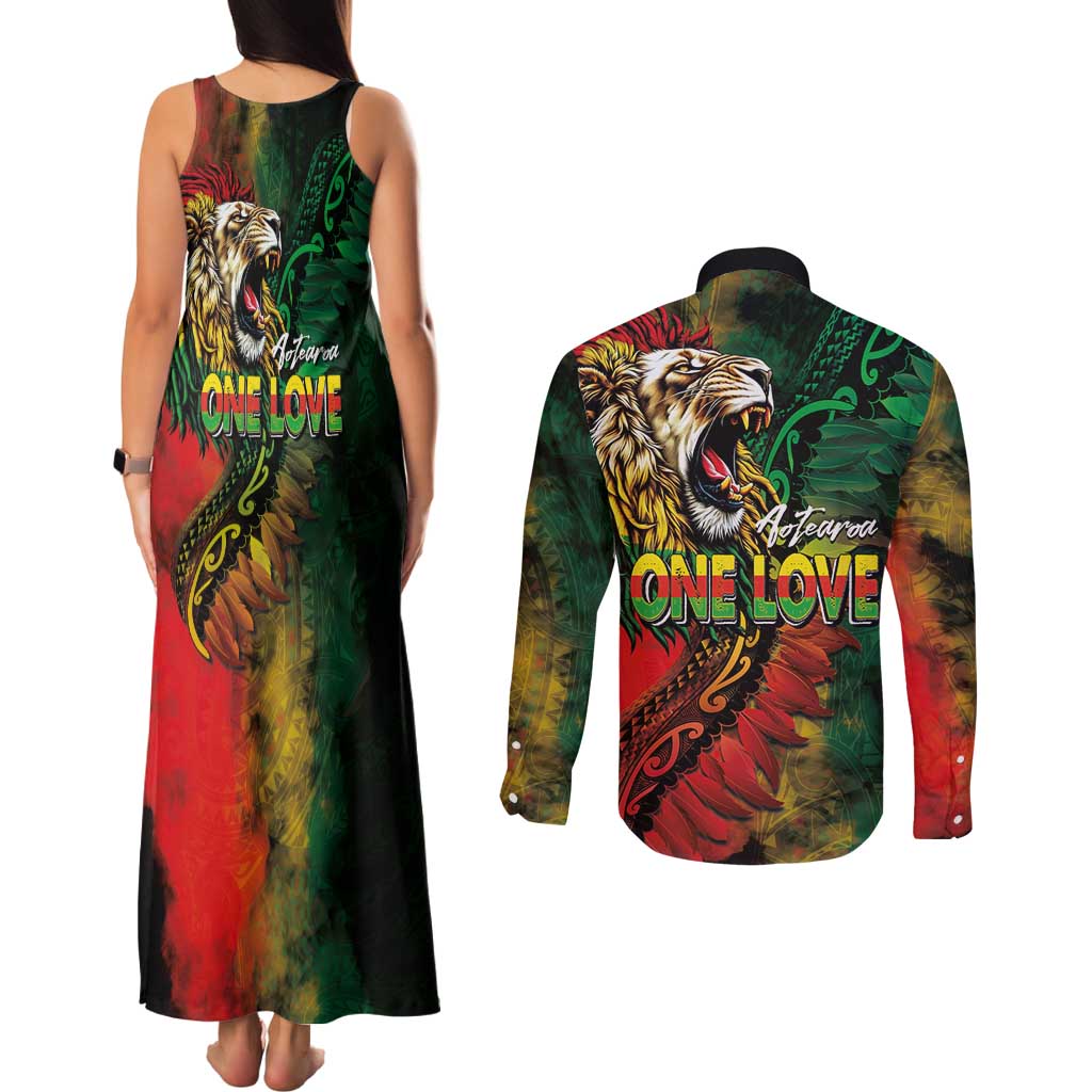 Aotearoa One Love Couples Matching Tank Maxi Dress and Long Sleeve Button Shirt Reggae Lion with Kakahu Huruhuru