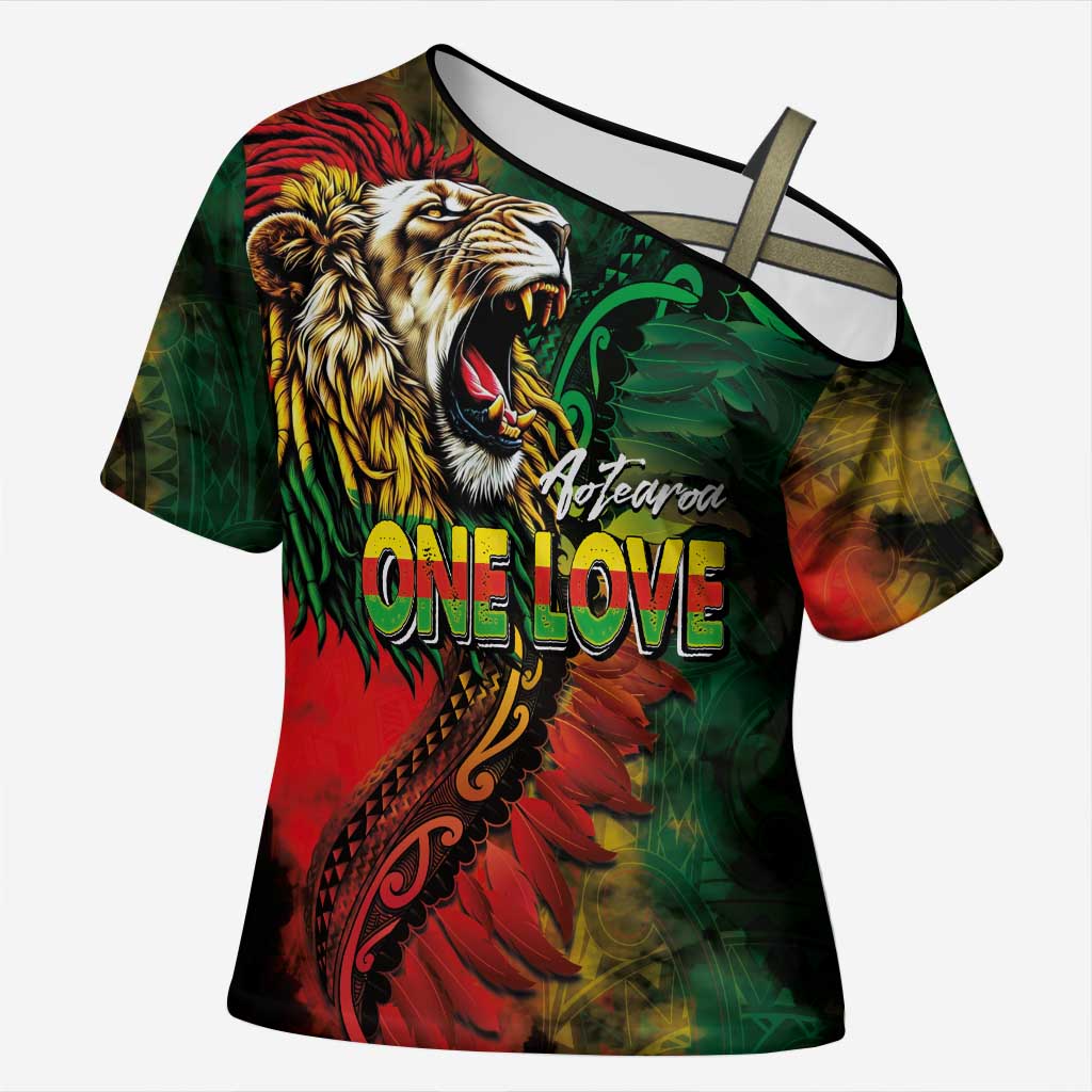 Aotearoa One Love Cross Shoulder Shirt Reggae Lion with Kakahu Huruhuru