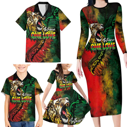 Aotearoa One Love Family Matching Long Sleeve Bodycon Dress and Hawaiian Shirt Reggae Lion with Kakahu Huruhuru