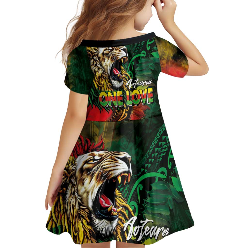 Aotearoa One Love Family Matching Long Sleeve Bodycon Dress and Hawaiian Shirt Reggae Lion with Kakahu Huruhuru