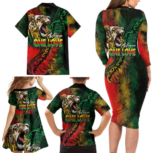 Aotearoa One Love Family Matching Long Sleeve Bodycon Dress and Hawaiian Shirt Reggae Lion with Kakahu Huruhuru