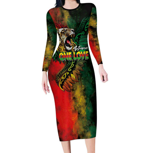 Aotearoa One Love Family Matching Long Sleeve Bodycon Dress and Hawaiian Shirt Reggae Lion with Kakahu Huruhuru