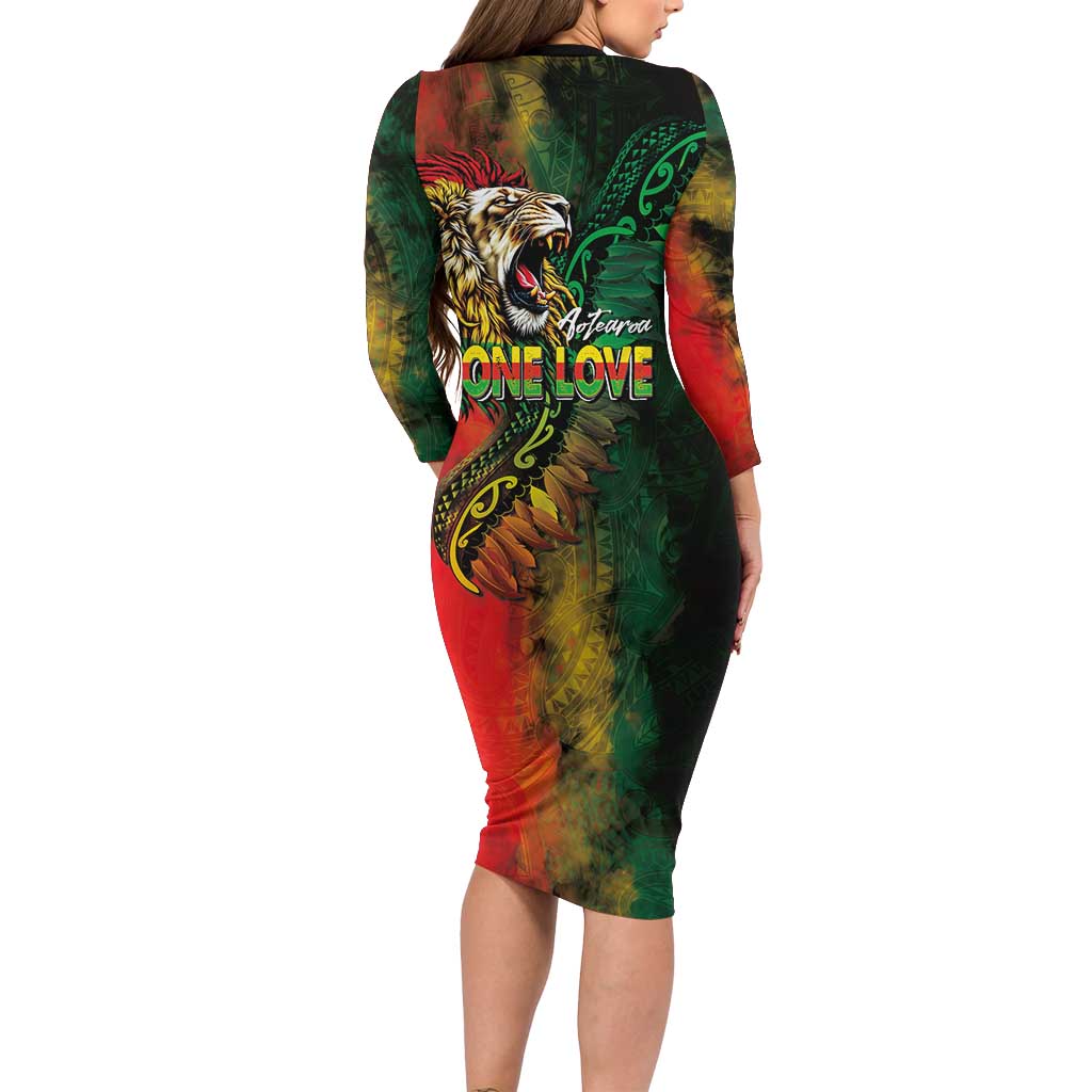 Aotearoa One Love Family Matching Long Sleeve Bodycon Dress and Hawaiian Shirt Reggae Lion with Kakahu Huruhuru