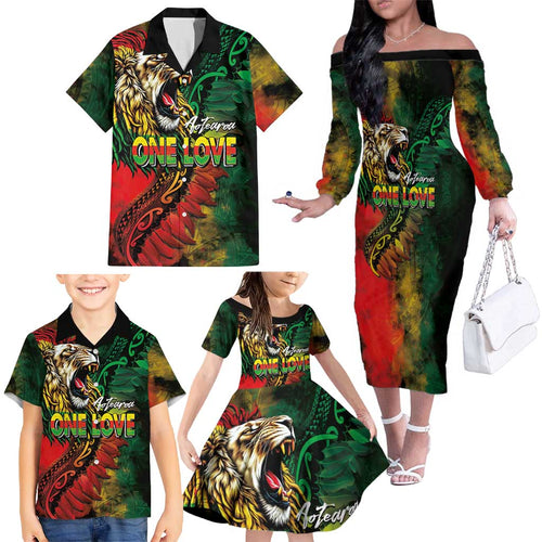 Aotearoa One Love Family Matching Off The Shoulder Long Sleeve Dress and Hawaiian Shirt Reggae Lion with Kakahu Huruhuru