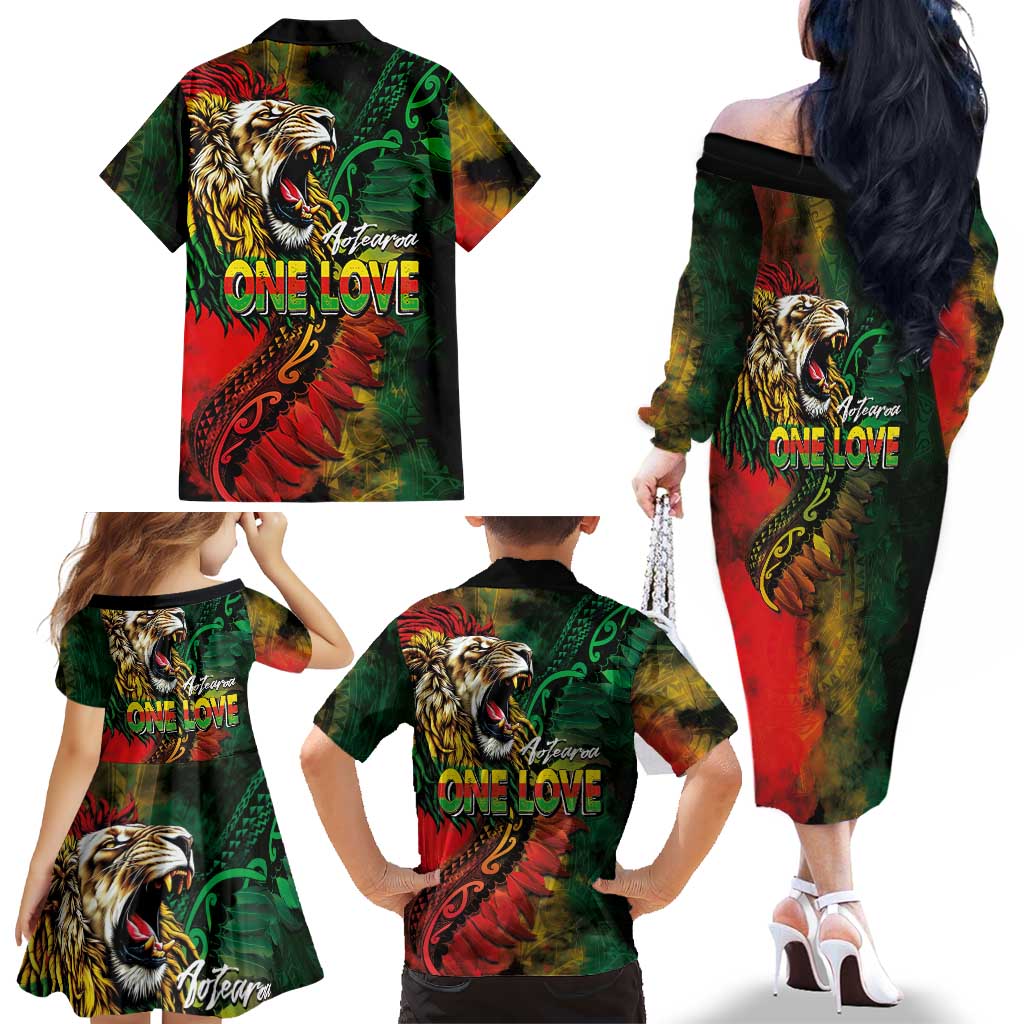 Aotearoa One Love Family Matching Off The Shoulder Long Sleeve Dress and Hawaiian Shirt Reggae Lion with Kakahu Huruhuru