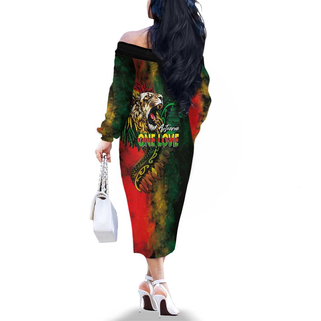 Aotearoa One Love Family Matching Off The Shoulder Long Sleeve Dress and Hawaiian Shirt Reggae Lion with Kakahu Huruhuru