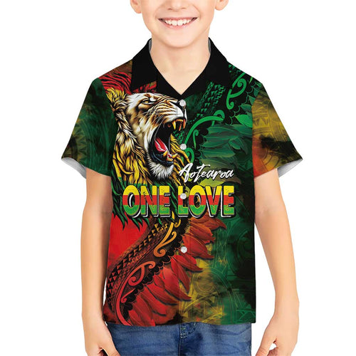 Aotearoa One Love Family Matching Off The Shoulder Long Sleeve Dress and Hawaiian Shirt Reggae Lion with Kakahu Huruhuru