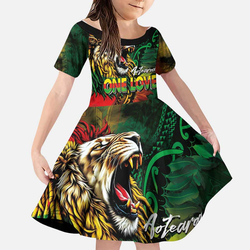 Aotearoa One Love Family Matching Off Shoulder Maxi Dress and Hawaiian Shirt Reggae Lion with Kakahu Huruhuru