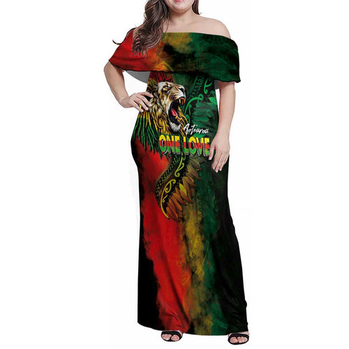 Aotearoa One Love Family Matching Off Shoulder Maxi Dress and Hawaiian Shirt Reggae Lion with Kakahu Huruhuru