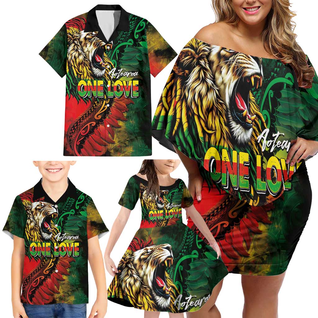 Aotearoa One Love Family Matching Off Shoulder Short Dress and Hawaiian Shirt Reggae Lion with Kakahu Huruhuru