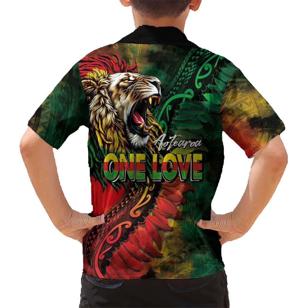 Aotearoa One Love Family Matching Off Shoulder Short Dress and Hawaiian Shirt Reggae Lion with Kakahu Huruhuru